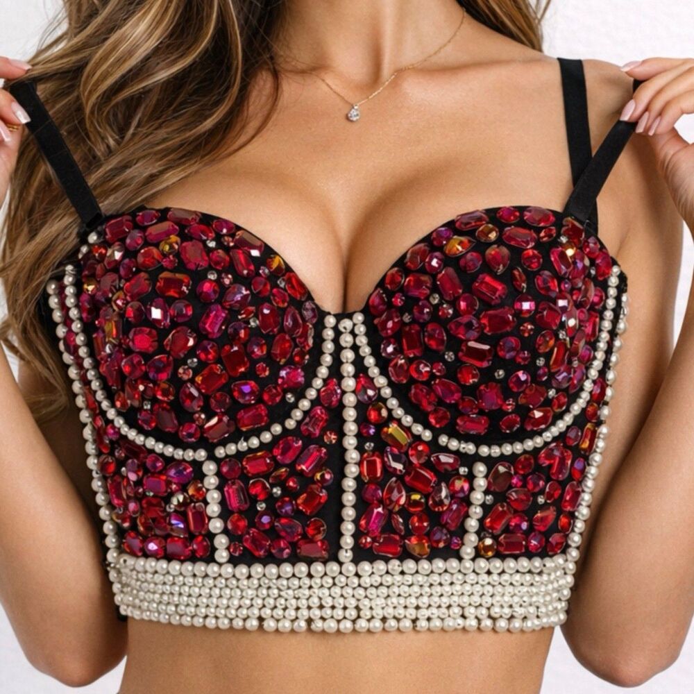BS Lingerie Crop Top Bra Size 2XL Colorful Rhinestone Beaded Push Up Bustier